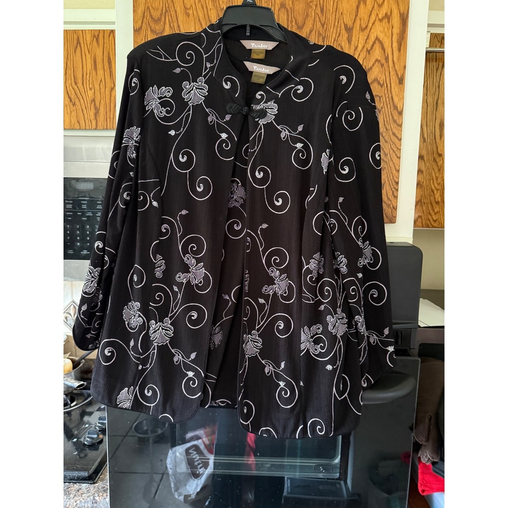 TANJAY Black Floral Swirl Open Front Jacket Cardigan Top‎ Womens M/L